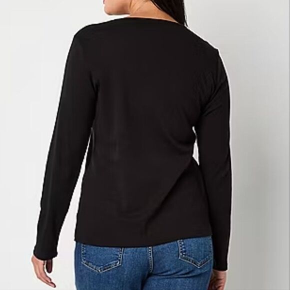 Liz Claiborne Black Cotton Crew Long Sleeve Pullover Top - Picture 2 of 14